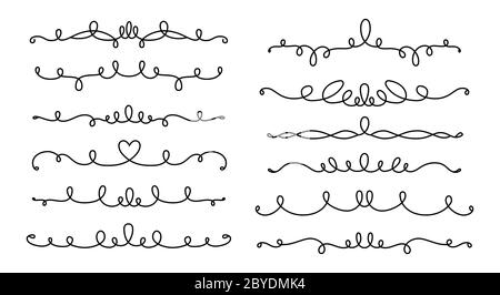 Divider and curl line calligraphic set. Vintage borders, swirl vignettes decorative elements, ornaments. Elegant outline graphics elements black and white drawing whorls. Isolated vector illustration Stock Vector