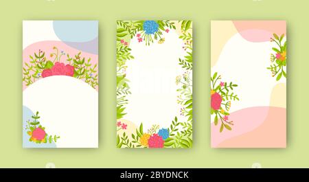 Cards with floral elements collection set. Trendy creative background. Floral frame design, botanical abstract composition. Space for text, vibrant banners, posters or flyer. Vector illustration Stock Vector