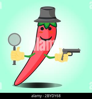 Cute mexican chili detective cartoon face character with hat and gun image design Stock Vector