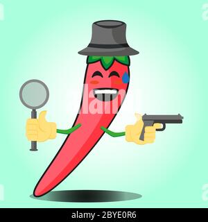 Cute mexican chili detective cartoon face character with hat and gun image design Stock Vector