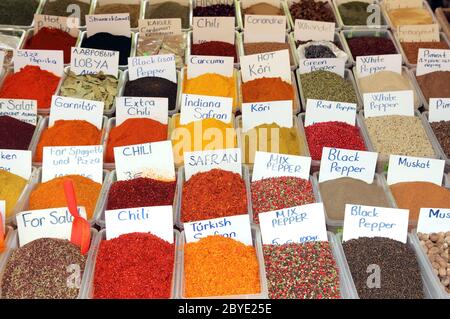 variety of spices on turkish market Stock Photo