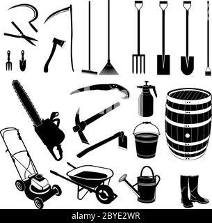 set of farming and gardening tools silhouette Stock Vector