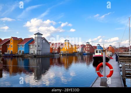 lifebuoy on pier at Reitdiephaven Stock Photo