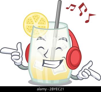 Tom collins cocktail Cartoon design concept listening music on headphone Stock Vector