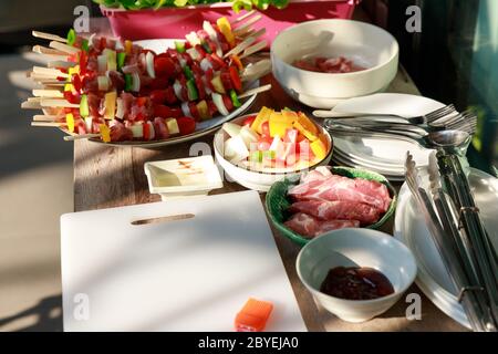 Close up barbecue grill with various kinds of meat. Stock Photo