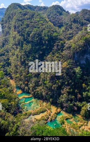 Aerial landscape of the Semuc Champey Cascades along the Cahabon river, Peten Rainforest, Guatemala. Stock Photo