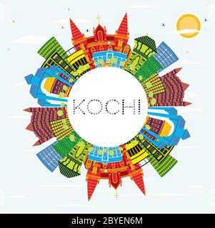 Kochi India City Skyline with Color Buildings, Blue Sky and Copy Space. Vector Illustration. Stock Vector