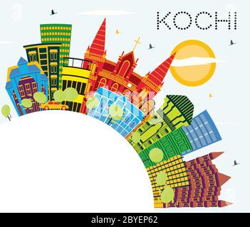 Kochi India City Skyline with Color Buildings, Blue Sky and Copy Space. Vector Illustration. Stock Vector