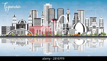 Tijuana Mexico City Skyline with Color Buildings, Blue Sky and Reflections. Vector Illustration. Stock Vector