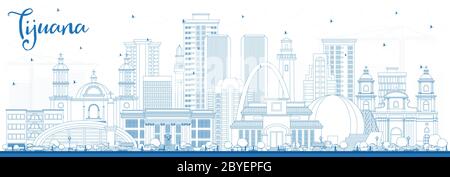 Outline Tijuana Mexico City Skyline with Blue Buildings. Vector Illustration. Tourism Concept with Historic and Modern Architecture. Stock Vector