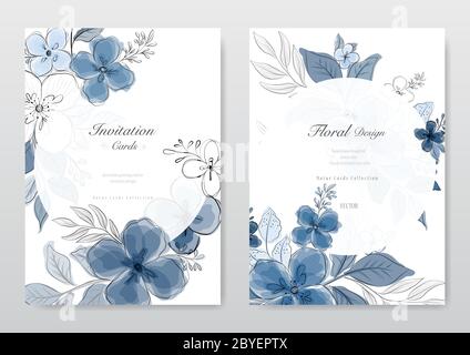 Blue flower card collection. Decorative floral greeting card, wedding or invitation design background. - Vector Stock Vector