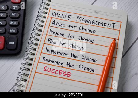 Change Management write on a book with keywords isolated wooden table. Stock Photo