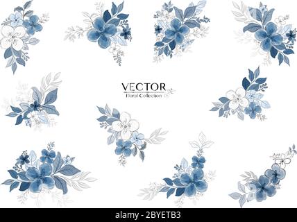 Set of beautiful blue watercolor florals branch with black line style. isolated vector use for design wedding, greeting card, nature banner, floral ba Stock Vector