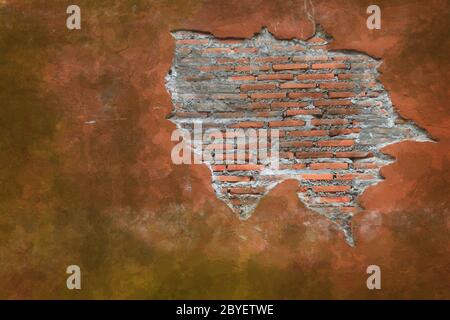 Cracking grunge weathered vintage and fragment of Red brick wall using as background Stock Photo