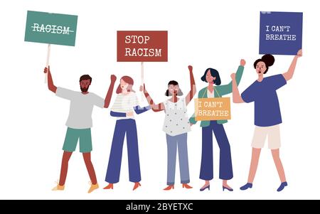 demonstration social activism human rights protest about racism black lives matters people bring poster I can't breathe Stock Vector