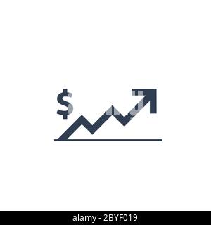 dollar rate increase icon. Money symbol with stretching arrow up. rising prices. Business cost sale icon. cash salary increase. investment growth Stock Vector