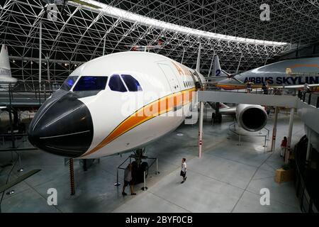 Airbus A300B wide body airliner display in Musee Aeroscopia Museum. Blagnac.Toulouse.Haute-Garonne.Occitanie.France