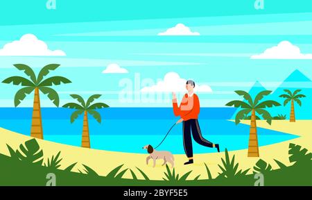 man walking on a beach with his dog Stock Vector