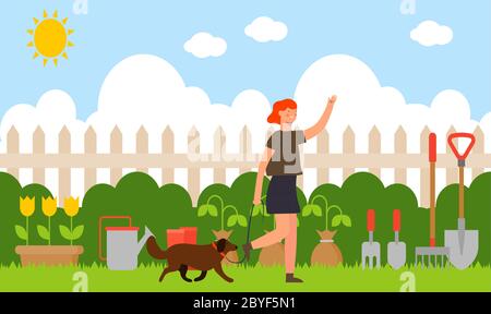 woman walking in the garden with her dog Stock Vector