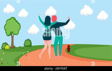 couple is hugging and walking in a garden Stock Vector
