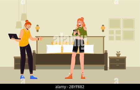 girls are working on electronic devices at home Stock Vector