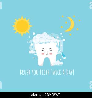 Cute tooth emoji brushing with toothbrush twice a day morning and evening. Stock Vector