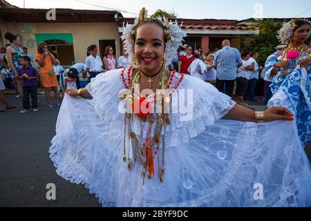 Young girl dressed in pollera on the annual event 'El desfile de las mil polleras' in Las Tablas, Los Santos province, Republic of Panama. Stock Photo