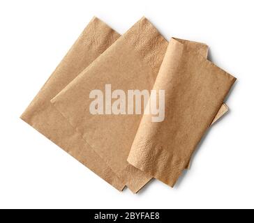 brown paper napkins isolated on white background, top view Stock Photo