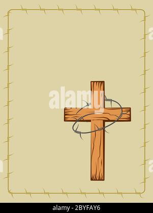 Wooden Christian Cross With Barbed Wire Vector Art Stock Vector