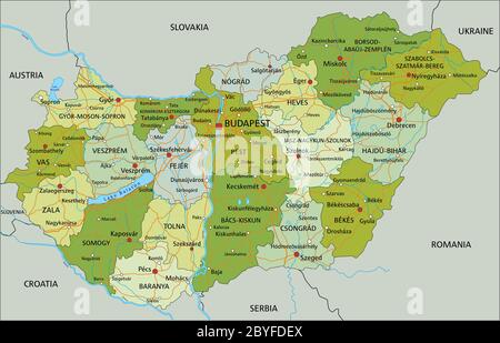 Hungary - Highly detailed editable political map with labeling Stock ...