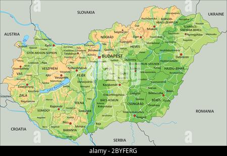 High detailed Hungary physical map with labeling. Stock Vector