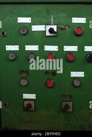 Control Panel with red and green lamps and buttons Stock Photo