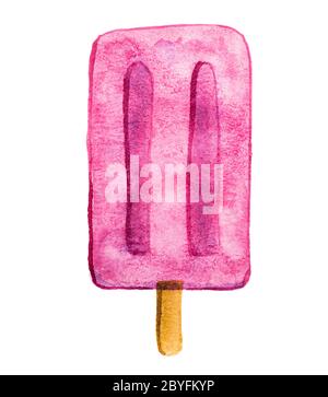 Hand drawn watercolor ice cream, pink popsicle isolated on white background. Delicious summer food illustration. Stock Photo