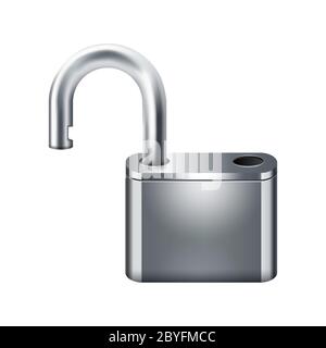 Realistic open metal silver padlock icon isolated on white background. Design template for protection privacy. Stock Vector