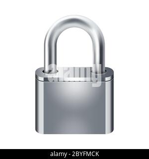 Realistic closed metal silver padlock icon isolated on white background. Design template for protection privacy. Stock Vector