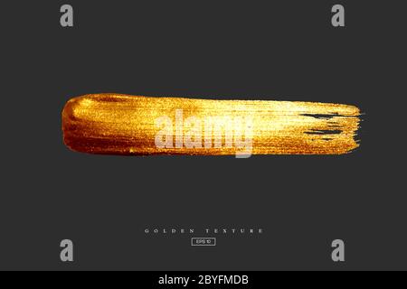 Golden hand drawn smear stain. Acrylic texture with paper effect. Gold brush stroke isolated on black background. Design element, vector illustration. Stock Vector