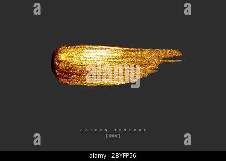 Golden hand drawn smear stain. Acrylic texture with paper effect. Gold brush stroke isolated on black background. Design element, vector illustration. Stock Vector
