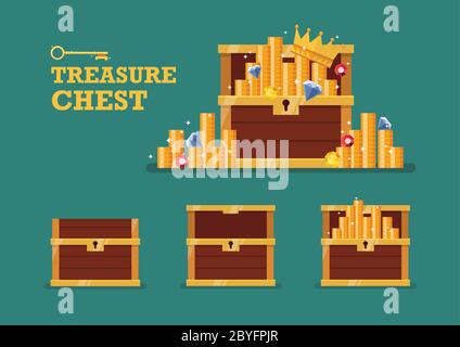 Open chest with gold collection set. Vector illustration Stock Vector