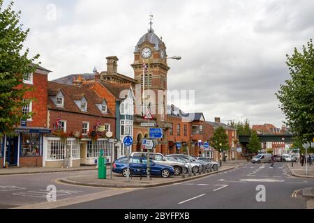 General view along the High Street towards Hungerford Town Hall, Hungerford, Berkshire, England, UK. Stock Photo