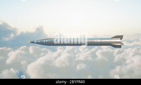 Ballistic nuclear rocket flying over clouds. War and military concept. 3d rendering. Stock Photo