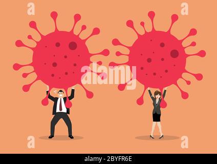 Businessman and woman struggling to carry virus. Covid-19 Coronavirus concept. Vector illustration Stock Vector