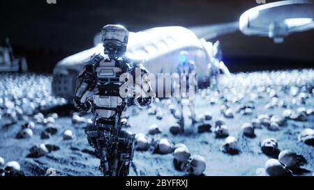 military robot and skulls of people. Dramatic apocalypse super realistic concept. Rise of the Machines. Dark future. 3d rendering. Stock Photo