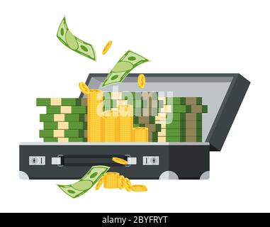 Black leather briefcase with packs of paper dollars and stacks of gold coins. Stock Vector