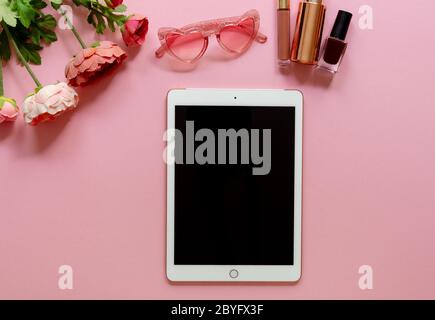 Flat lay blogger workspace mockup on the pink background Stock Photo