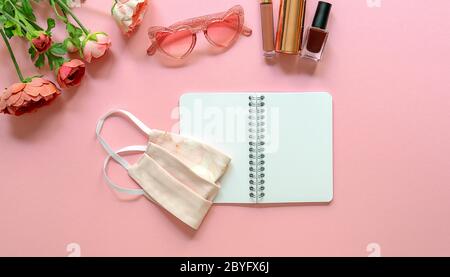 Flat lay of blogger concept during corona virus. Stock Photo
