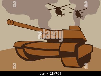 A war scene with tanks and helicopters. Vector illustration. Stock Vector