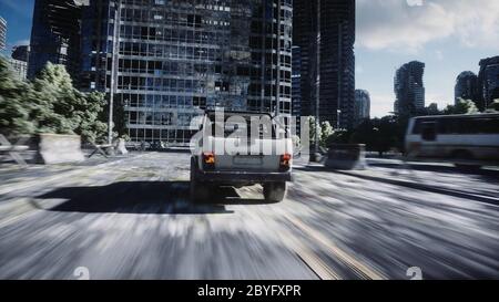 an old car rides in a ruined city. Apocalypse concept. 3d rendering. Stock Photo