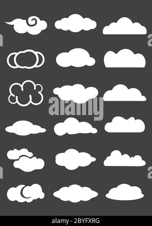 Vector illustration of white cloud icons in different shapes and design isolated on  black background Stock Vector
