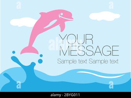 Pink dolphin splashing out of the water surface. Vector layout design. Stock Vector