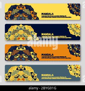 Set of gorizontal cards with hand drawn mandala. Stock Vector